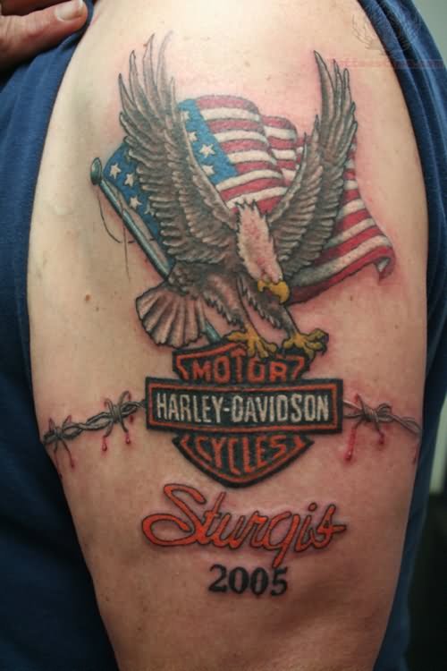 Us Flag and Harley Davidson Tattoo On Half Sleeve